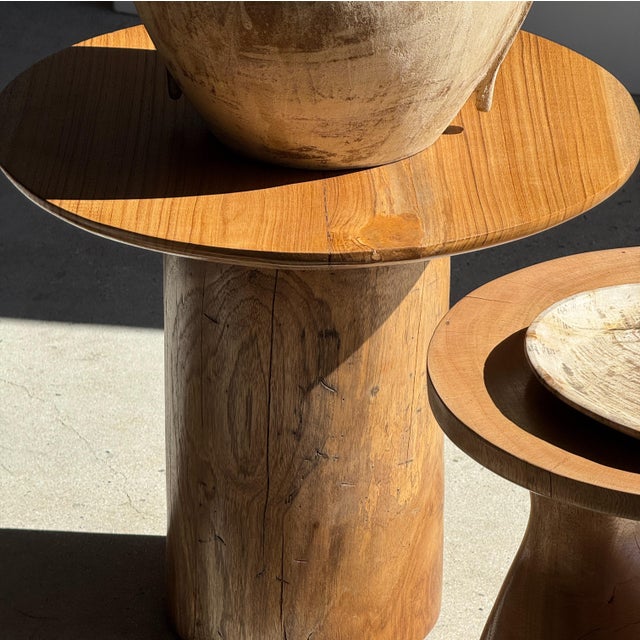Brutalist Teak Side Table with Circular Top and Column Base For Sale - Image 3 of 14