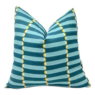 Schumacher Molly Mahon Luna Block Print in Blue and Turmeric Pillow Cover For Sale