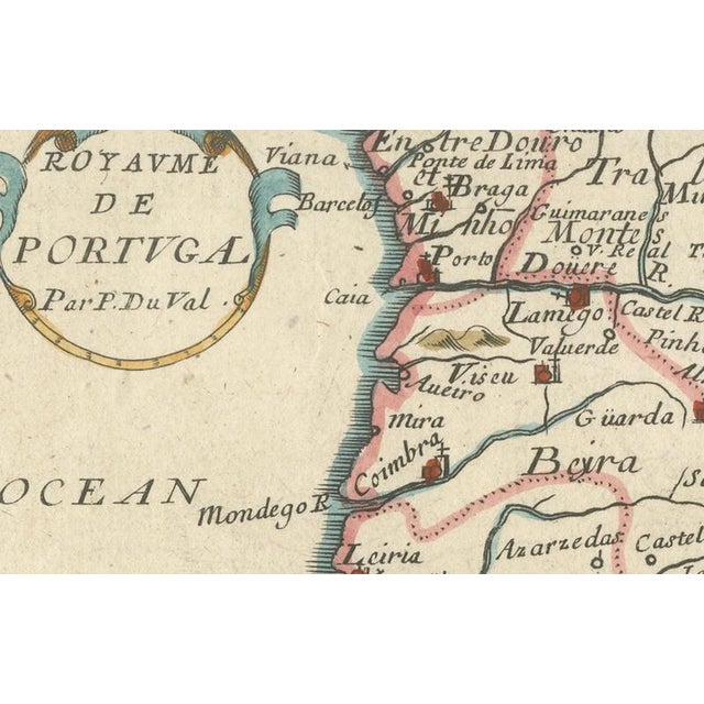 Paper Antique Miniature Map of Portugal by Pierre Du Val, Paris, France, 1680 For Sale - Image 7 of 10