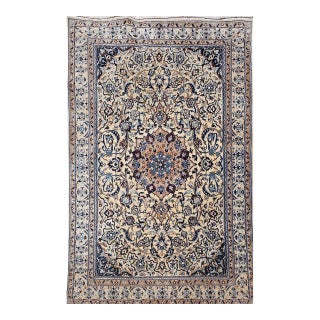 Vintage Persian Nain Area Rug, Hand-Knotted Wool & Silk, Floral Pattern, 4x7, Ivory & Blue For Sale
