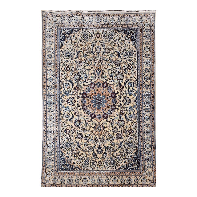 Vintage Persian Nain Area Rug, Hand-Knotted Wool & Silk, Floral Pattern, 4x7, Ivory & Blue For Sale