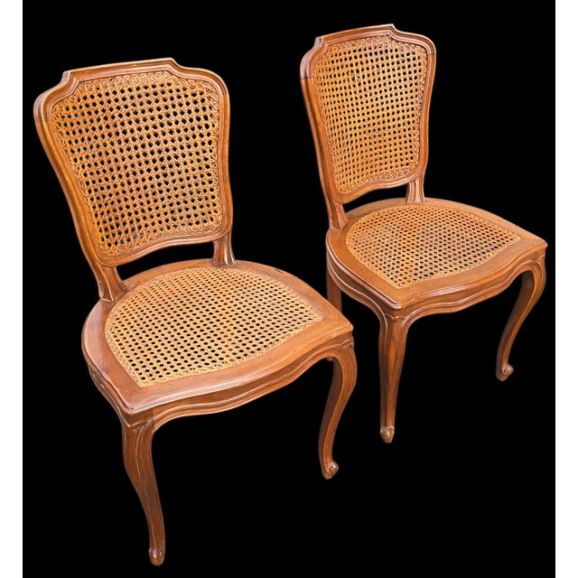 Pair of Italian Louis XV Style Double Cane Back Walnut Dining Chairs With Hand Caning, Made in Italy, Mid-Century For Sale - Image 4 of 18