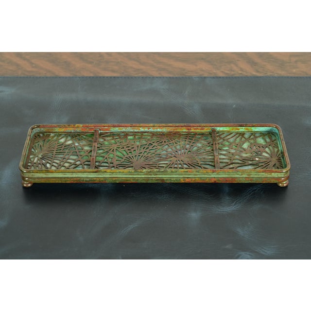 A gorgeous antique Arts & Crafts or Art Deco period bronze and Favrile slag glass "Pine Needle" pattern pen tray or desk...