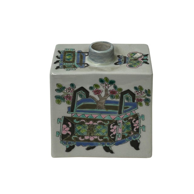 Chinese Flower Ding Vase Graphic Rectangular Porcelain Tea Caddy Jar For Sale - Image 4 of 10