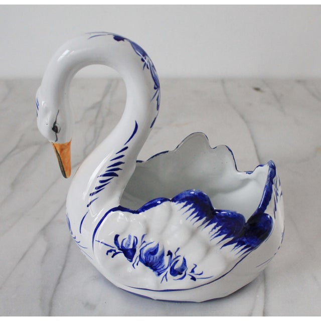 Vintage Blue & White Hand Painted Portuguese Ceramic Swan Planter For Sale In Milwaukee - Image 6 of 14