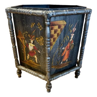 Vintage Metal Chinoiserie Wastebasket For Sale