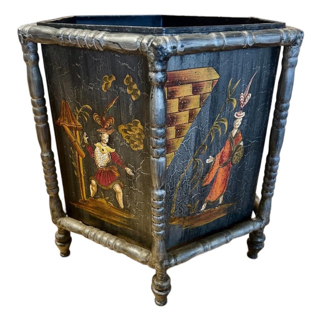 Vintage Metal Chinoiserie Wastebasket For Sale