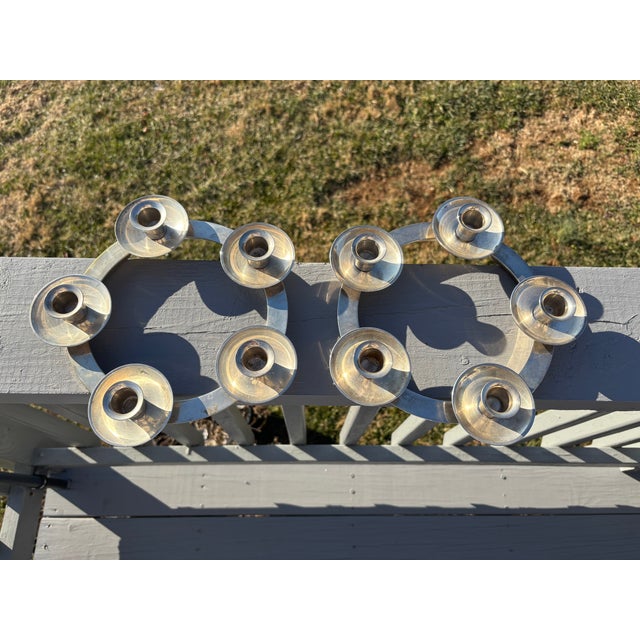 A handsome pair... Two heavy silver plate five candle centerpieces. Likely English market - mid 20th C. 8: diameter ring...