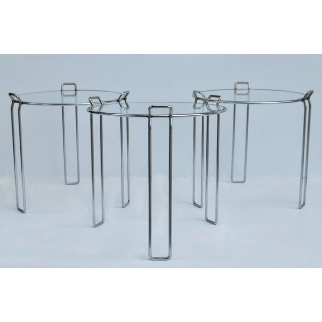 Metal C1970's Saporiti Italia Polished Chrome Over Steel & Glass Stacking, Nesting Tables - Set of 3 For Sale - Image 7 of 18