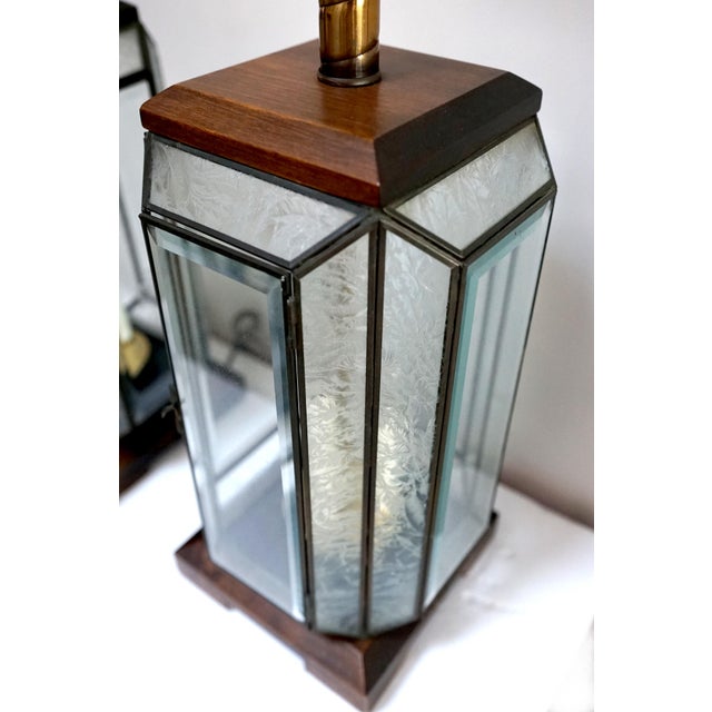 1960s Art Deco Style Mid Century Etched Glass Lead Table Lantern Lamp - set of 2 For Sale In Los Angeles - Image 6 of 10
