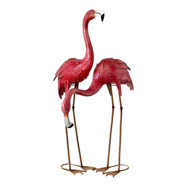 Vintage Boho Painted Metal Flamingos - Set of 2 For Sale