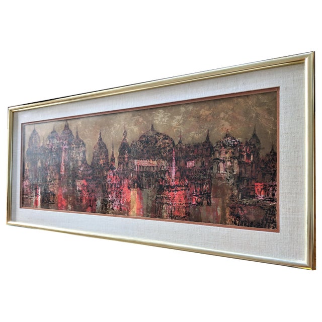 Abstract Buddhist Temple Citiscape Mid Century Silkscreen. Has gold leaf sky with gorgeous colors of the temple landscape....