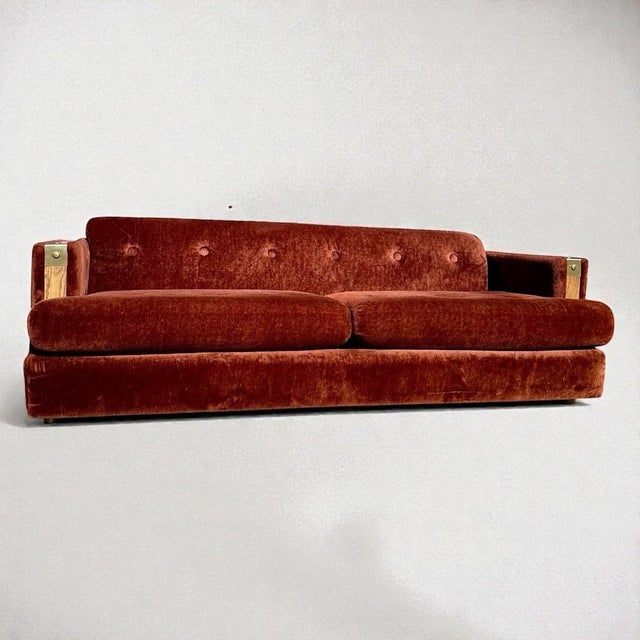 Vintage Mid Century Brown Velour Faux Fur Sofa with wood trim at arms and brass rivet detailing by International Furniture...