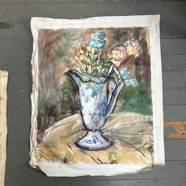 1950’s abstract expressionist pitcher of flowers still life painting on unstretched canvas. Painting measures 19.5x24....