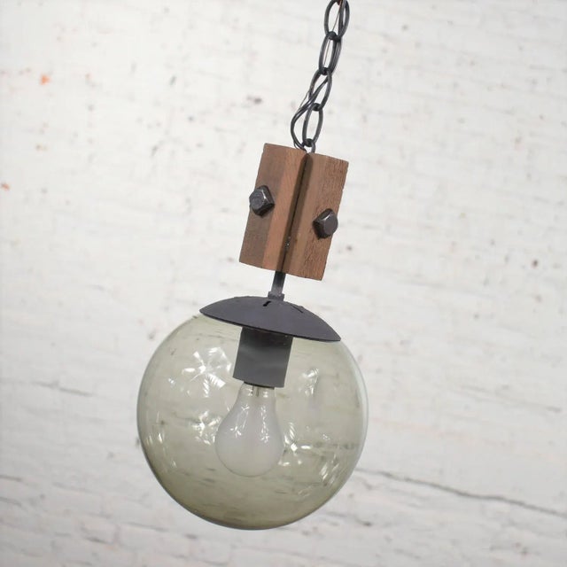 Mid-Century Modern Mid Century Modern Brutalist Pendant Light Wood & Smoked Glass Globe Black Chain N O S For Sale - Image 3 of 13