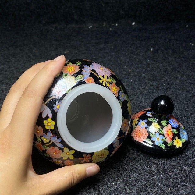 Hand Painted Liuli Glass Lidded General Jar, Black Ground Multi-Colored Floral Pattern, Chinoiserie Ginger Jar For Sale - Image 9 of 9