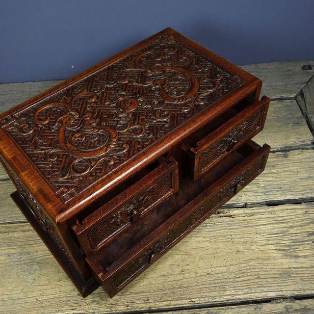 1990s Vintage Huali Wood Tabletop Cabinet, Double Dragon Relief Motif For Sale - Image 5 of 9