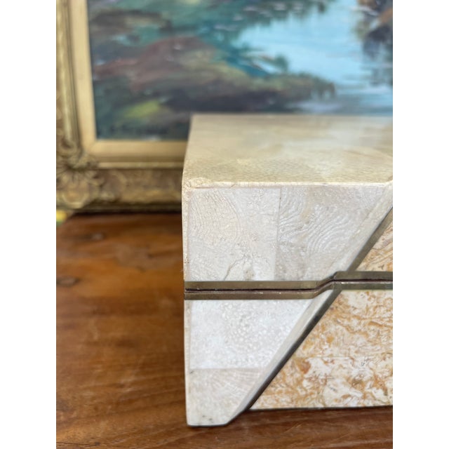 Vintage Possibly Tessellated Stone and Brass Toned Inlay Jewelry or Keepsake Box With Velvet-Like Interior. For Sale - Image 9 of 10
