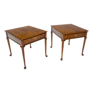 Baker Burl Wood Walnut Brass Drop Ring Pulls One Drawer Nightstands End Tables For Sale