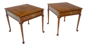 Baker Burl Wood Walnut Brass Drop Ring Pulls One Drawer Nightstands End Tables