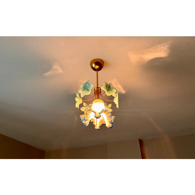 Vintage Custom Hand-Painted Italian Murano Style Light Blue Floral Pendant - Restored For Sale - Image 6 of 17