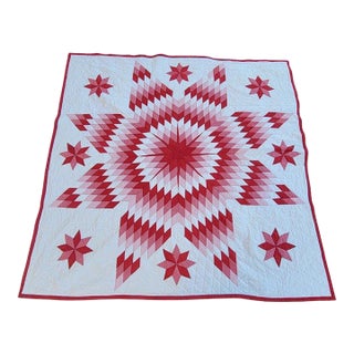 Early R/W Pa Eight Point Star Quilt W/Center Mariners Compass & Floating Stars For Sale