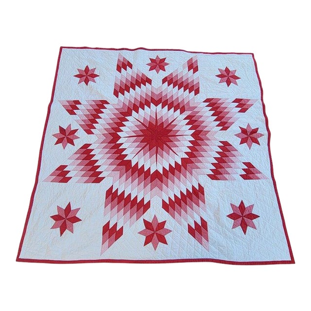 Early R/W Pa Eight Point Star Quilt W/Center Mariners Compass & Floating Stars For Sale