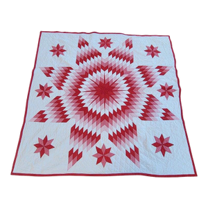 Early R/W Pa Eight Point Star Quilt W/Center Mariners Compass & Floating Stars
