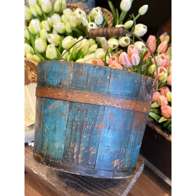 Antique 1800s Shaker Wooden Bucket Blue Paint For Sale - Image 11 of 11