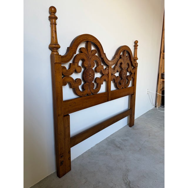 Spanish Revival Vintage Thomasville Spanish Mediterranean Carved Wood Queen Headboard For Sale - Image 3 of 12