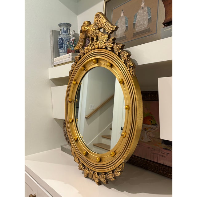 Mid 20th Century Vintage Large Scale American Federal Revival Giltwood Eagle Crest Round Mirror For Sale - Image 5 of 17