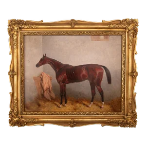 Antique Oil Painting Gilt Frame Racehorse "Lord Lyon" Triple Crown Winner Harry Hall 1866 c.o.A