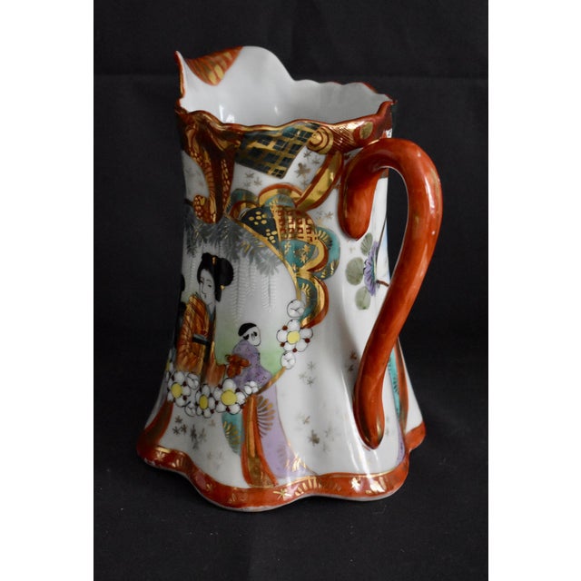 Antique Porcelain Pitcher Japanese Kutani Geisha Ware Hand Painted Gold Red Jug For Sale - Image 9 of 12