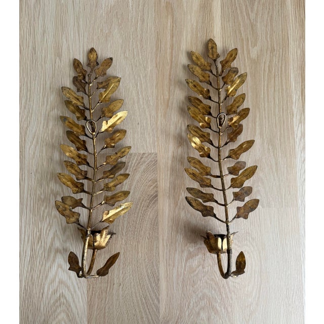 Hollywood Regency Vintage Italian Gilt Tole Oak Leaf Wall Candle Sconces, Pair For Sale - Image 3 of 5
