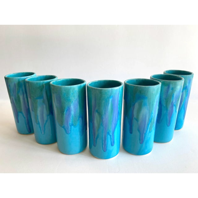 Vintage Mid Century Modern Dryden Studio Art Pottery Drip Glaze Ceramic Tumbler Cups - Set of 7 For Sale - Image 9 of 13