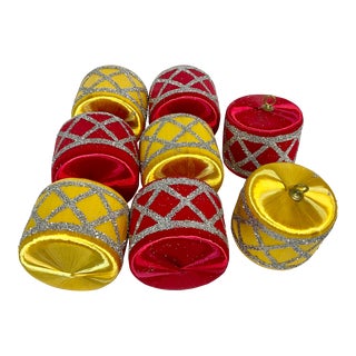 1950s Vintage Pyramid Satin-Sheen Drum Christmas Ornaments With Brass Hangers - Set of 8 For Sale