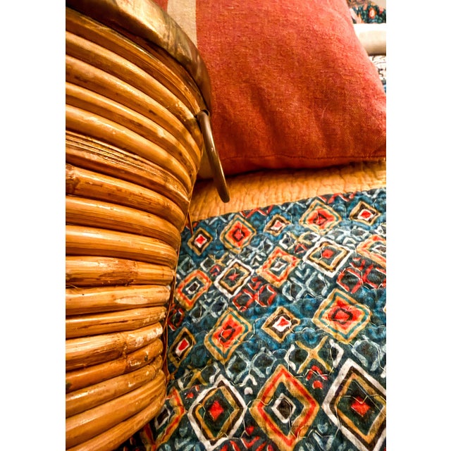 Mid-Century Modern Vintage Mid Century Italian Pencil Reed Bamboo Rattan Log Basket With Brass Trim and Handles. For Sale - Image 3 of 8