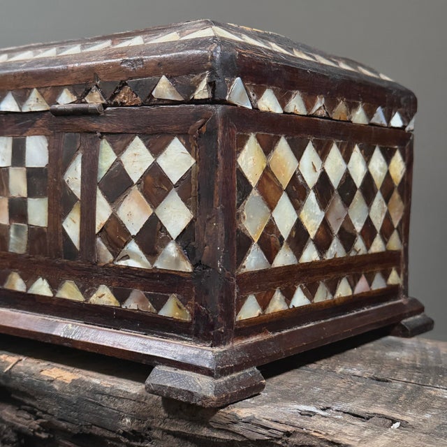 Brown Antique Folk Art Mother of Pearl Inlaid Hand Carved Footed Table Box For Sale - Image 8 of 12