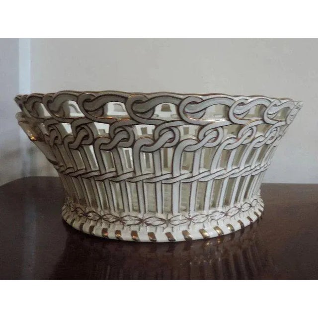 19th Century French Luneville Pottery Reticulated Centerpiece Basket Bowl in White & Gold For Sale In New York - Image 6 of 11