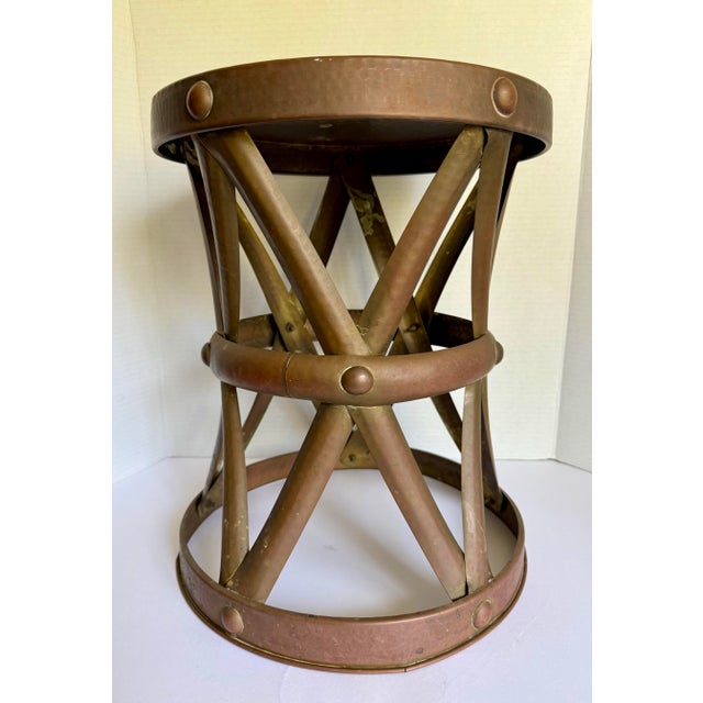 1970s Vintage Hammered Brass X-Form Drum Stool With Riveted Details For Sale - Image 5 of 11