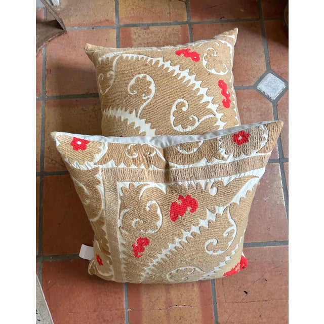 Handmade Suzani Throw Pillow with traditional Central Asian embroidered floral patterns. Down fill inserts. In like new...