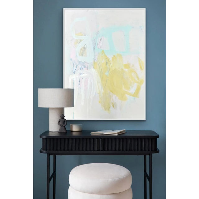 Acrylic and mixed media on canvas, 48 x 36 x 1.5. Edges painted white, back wired, ready to hang.