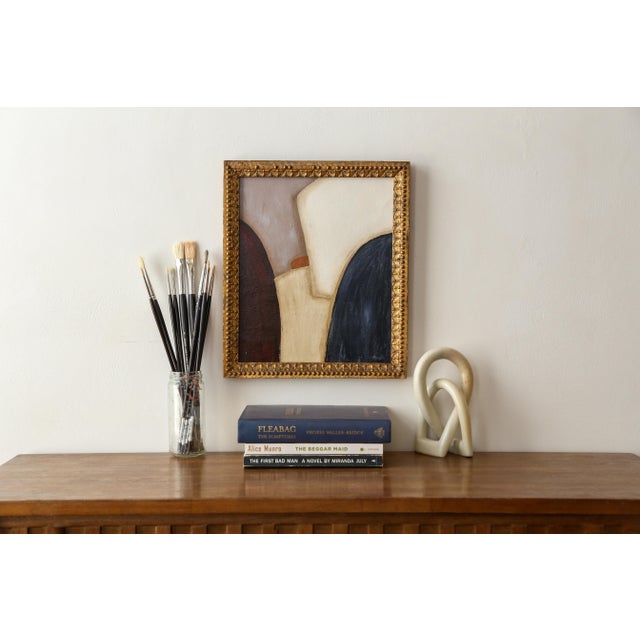 Original abstract painting in a gorgeous antique gold frame. This geometric piece has a palette of beige, dusty mauve /...