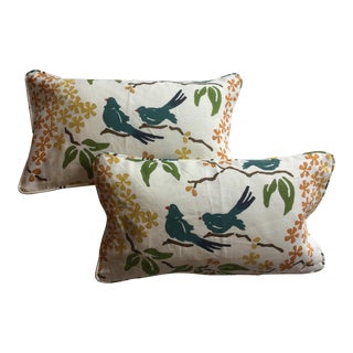 Small Blue Birds on a Branch Hand Printed Pillows- Set of 2 For Sale