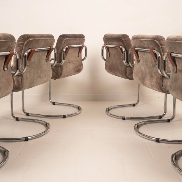 Beige Italian Astro Chrome and Taupe Suede Armchairs by Guido Faleschini for I4 Mariani, 1979, Set of 6 For Sale - Image 8 of 18