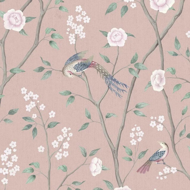Borastapeter Paradise Birds Wallpaper in Blush Shimmer For Sale