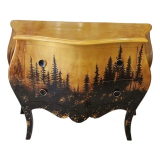 1960s Forest Landscape Bombe Commode Hand Painted Louis XV Style Chest For Sale