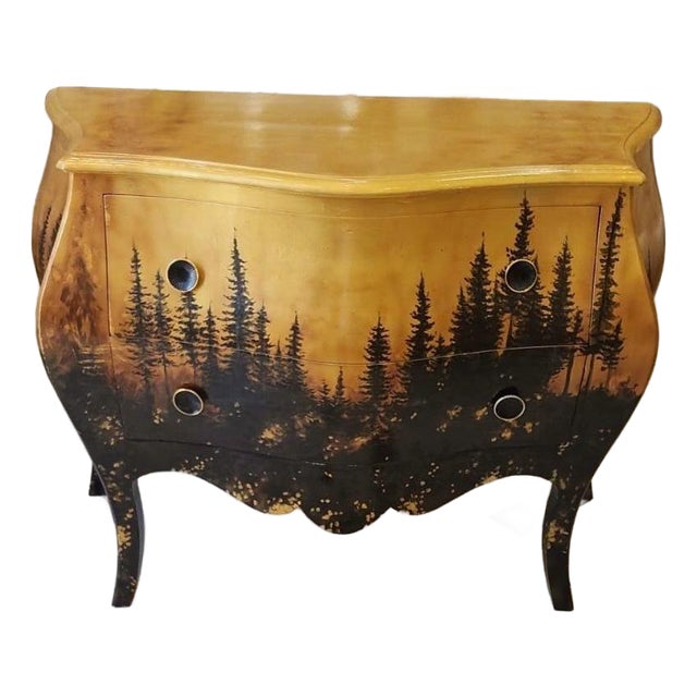 1960s Forest Landscape Bombe Commode Hand Painted Louis XV Style Chest For Sale