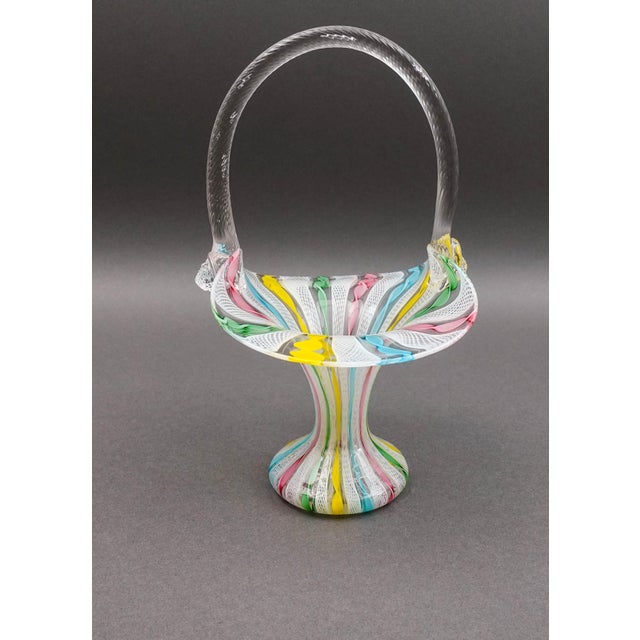 Murano Zanfirico Murano Italy Vintage Latticino Hand Blown Art Glass Basket For Sale - Image 4 of 8