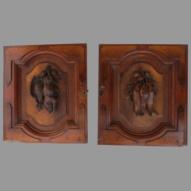 Cabinet Doors Carved Black Forest Walnut Re-Purpose Architectural Fish Boar Bird Plaques (C) - a Pair For Sale - Image 10 of 10